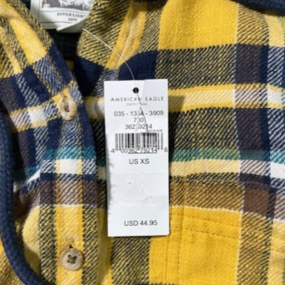American Eagle AE Cropped Flannel Hooded Shirt Top XS Mustard Yellow Blue Brown - Picture 3 of 11